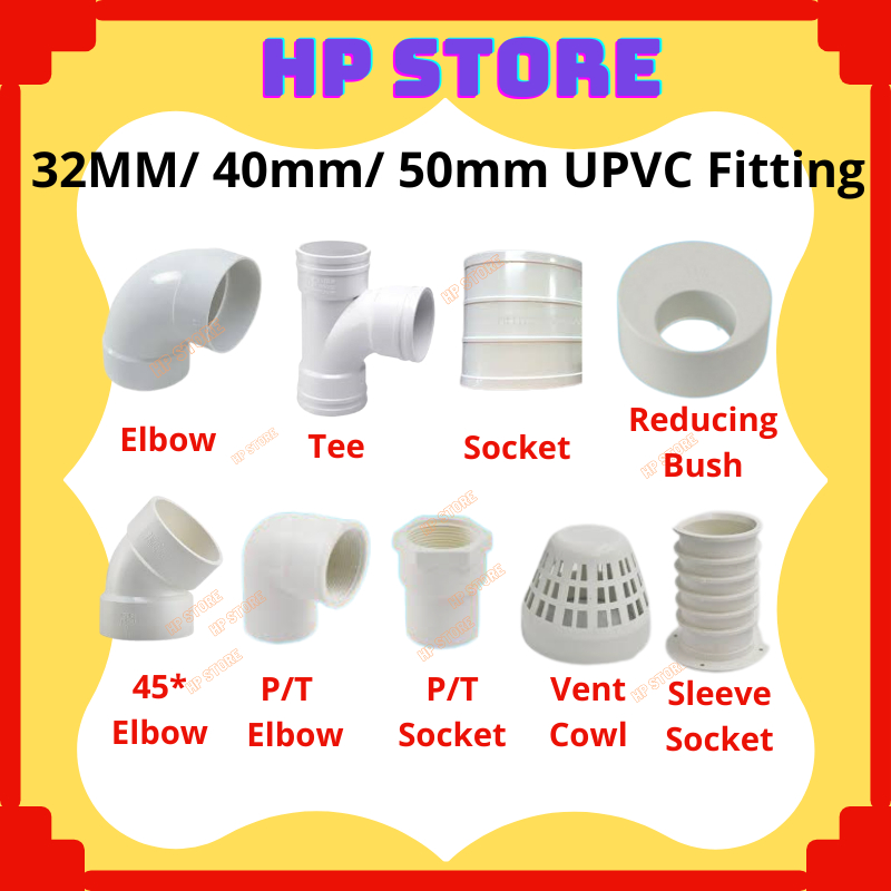32MM/ 40MM/ 50mm UPVC Fitting Paip Sinki Dapur, Paip PVC Putih Elbow Socket Tee UPVC End Cap PVC