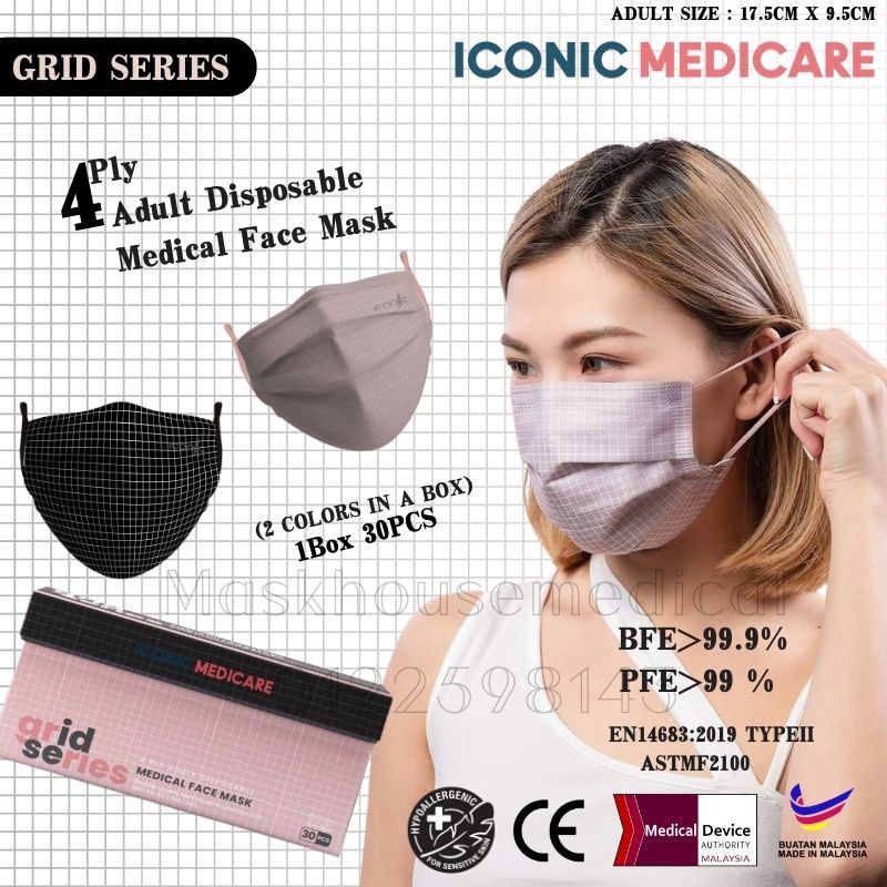 ICONIC MEDICARE [GRID SERIES] ADULT 4 PLY MEDICAL DISPOSABLE FACE MASK
