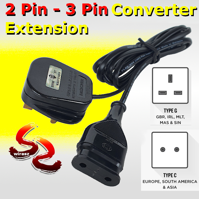 Euro 2 Pin Plug To Standard 3 Pin 13A Plug Top Power Cord Extension