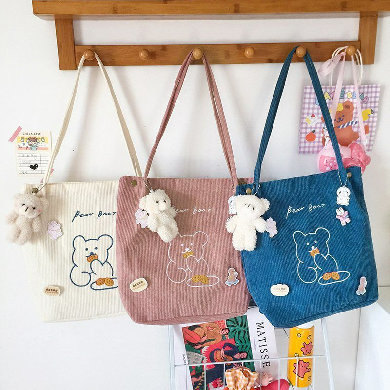 Korean Style Cute Bear Tote Shoulder Bag College Girl Students Corduroy