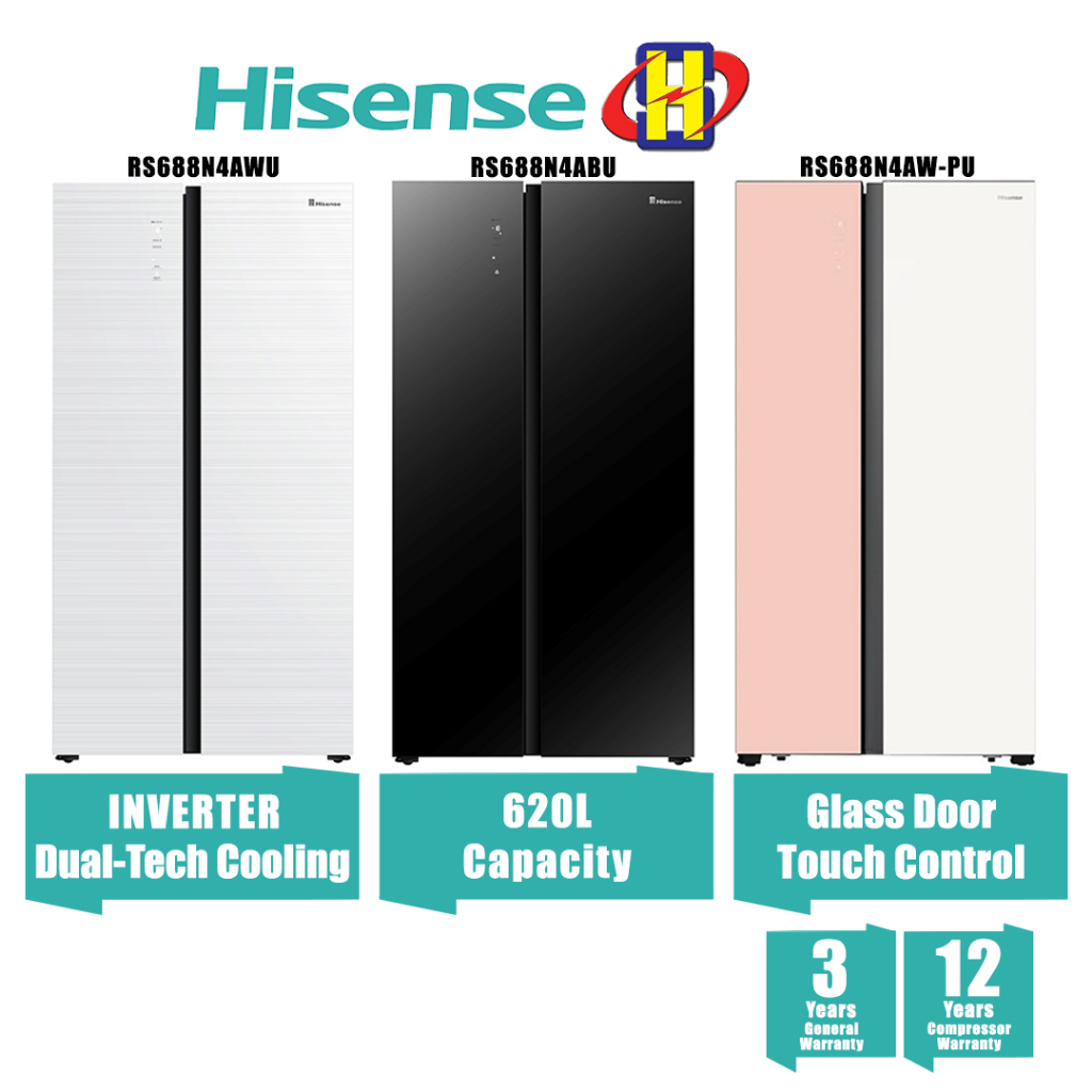 Hisense Refrigerator (620L) Glass Door Inverter Side by Side Fridge