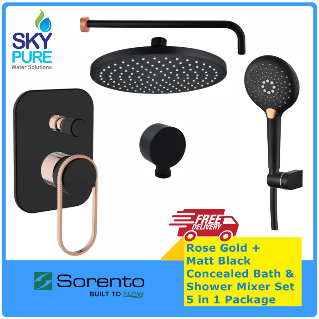 SORENTO Black Concealed Bath and Shower Mixer Set with Rain Shower Hand ...