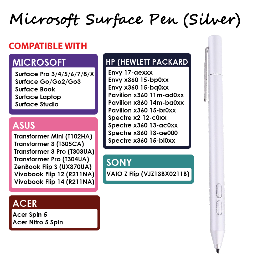 Surface Stylus Pen For Microsoft Surface Pro 3/4/5/6/7/ X Go Book Studio - Black/Silver