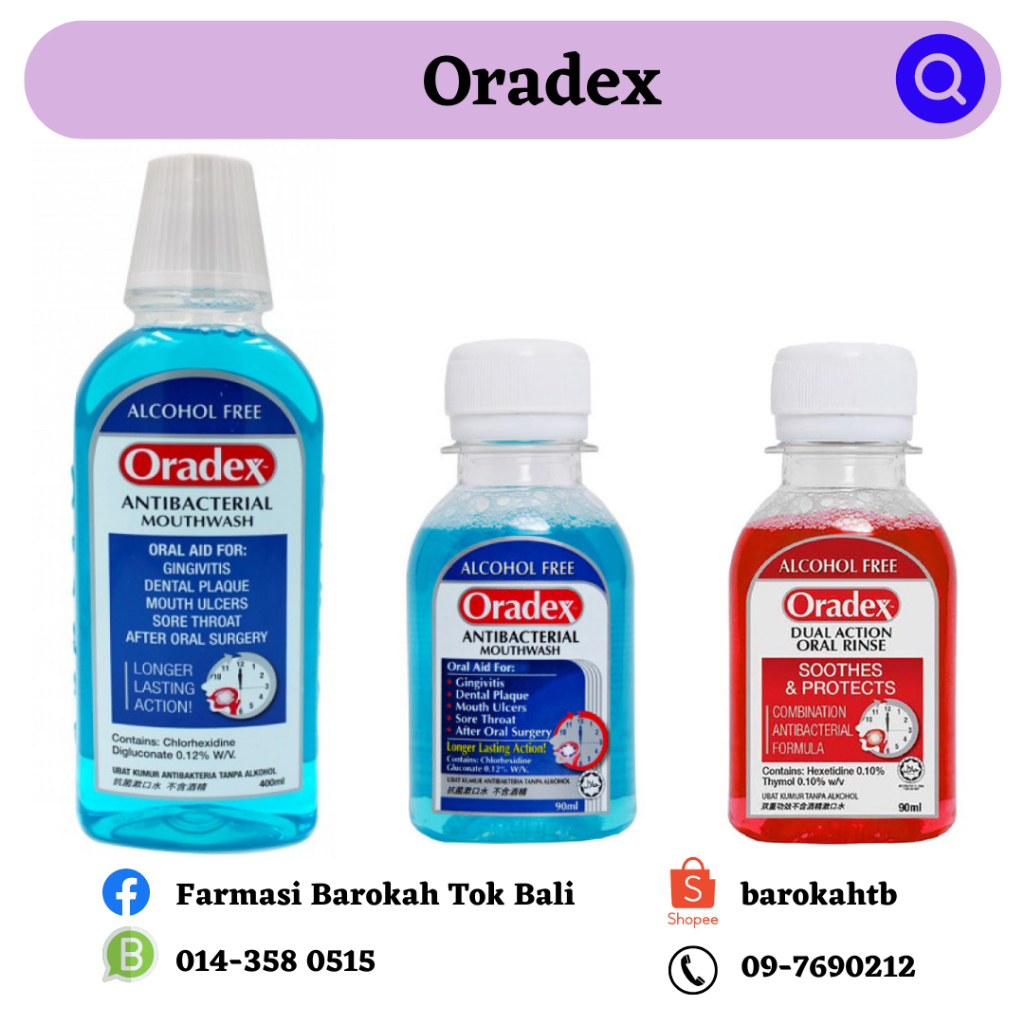 Oradex Mouthwash Alcohol Free Dual Action 90ml & Antibacterial 90ml