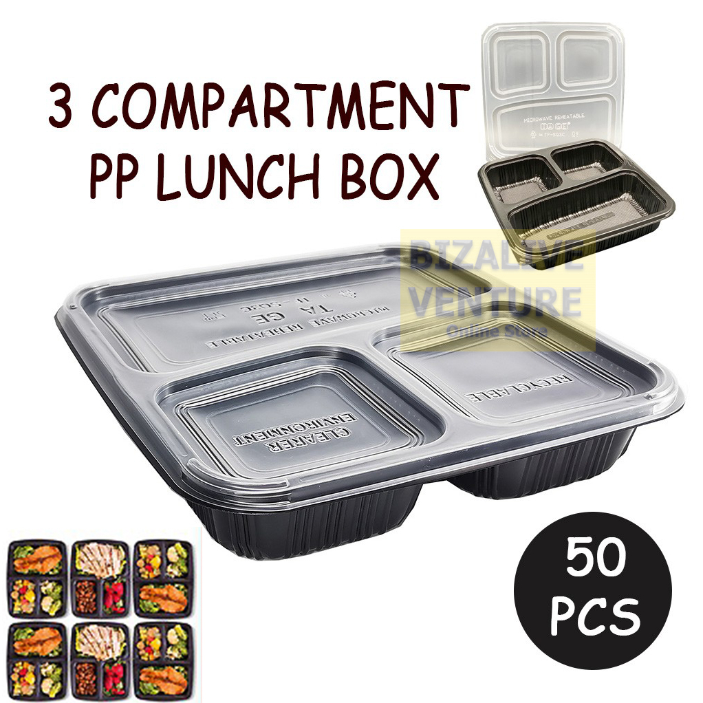 (50 Sets±) 3 Compartment PP Lunch Box with Lid | Disposable Plastic ...