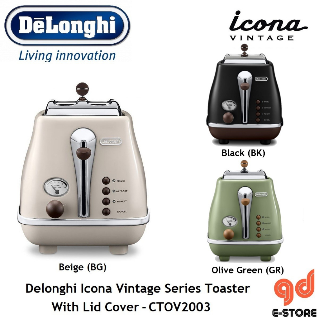 Delonghi Icona Vintage CTOV2003 2 Slice Toaster Stainless Steel Body With Lid Cover CTOV2003.BG
