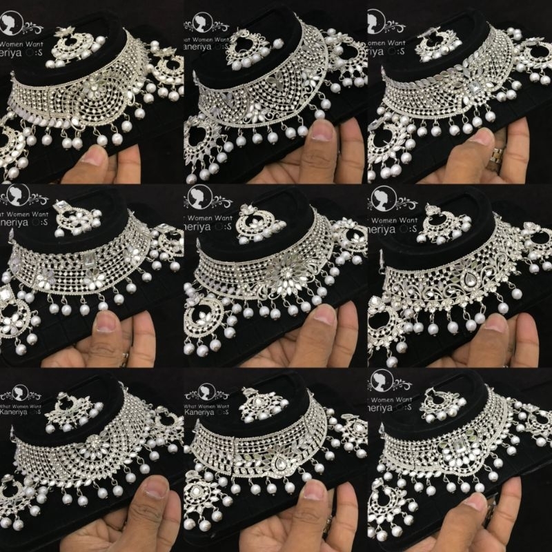 🎀 READY STOCK IN MALAYSIA 🎀 HIGH NECK SILVER MIRROR WORK CHOKER SET