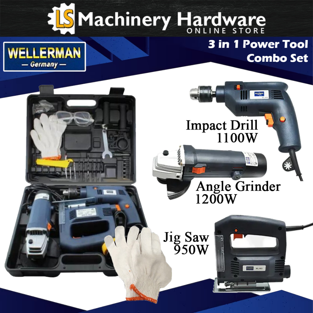 WELLERMAN 3 in 1 Power Tool Combo Set Impact Drill 1100W Angle