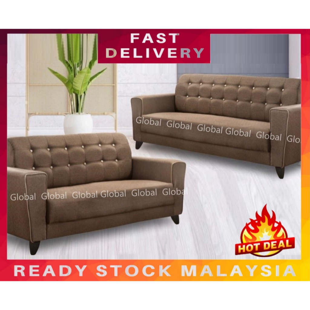 2+3 Seater Fabric Brown Grey Sofa Kain / Sofa PVC Kulit / Velvet Sofa