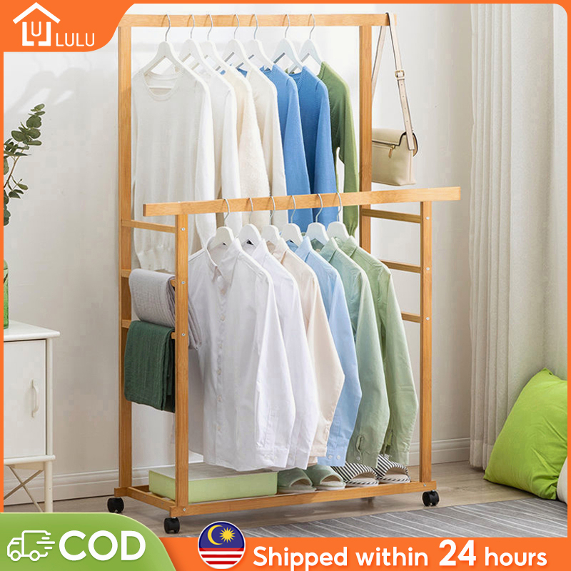 Wooden Double Pole Coat Rack With Wheels &Trouser rack Bamboo