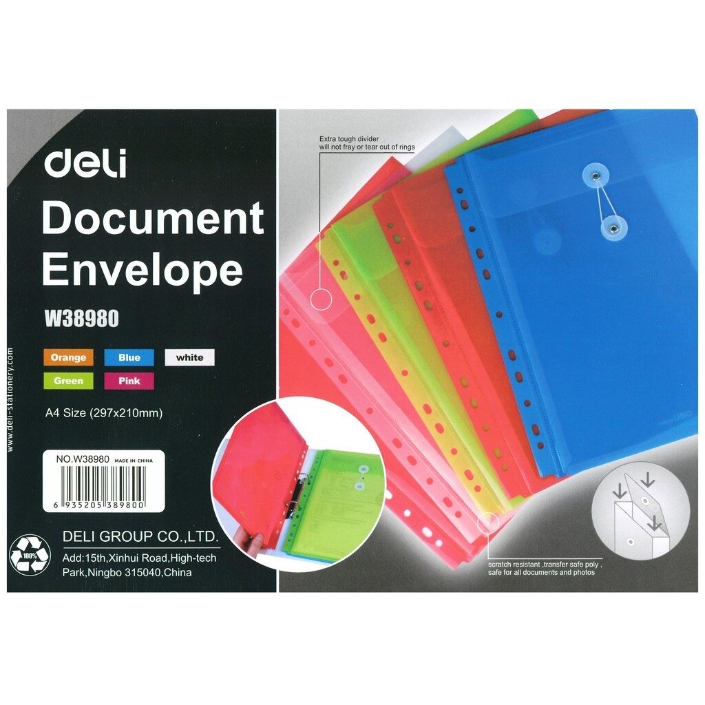 Deli W38980 String Document Envelope File with 11 holes (A4 size) (5pcs