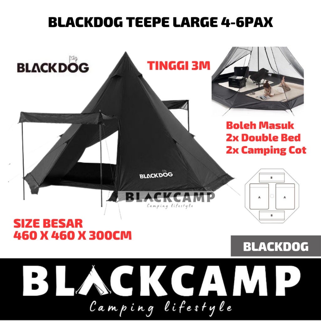 Blackdog Teepe Large Pyramid Hexagon Tent 4-6Pax Silver Coating Family ...