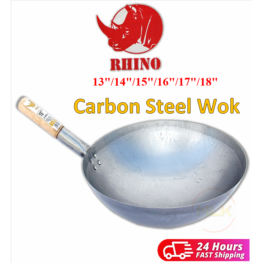 MLK Big Deep Carbon Steel Wok Rhino Brand Wood Handle Tomyam Cook Kuali ...