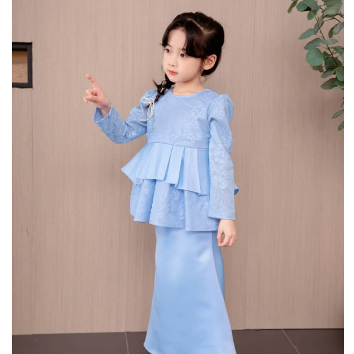 Baju Raya Budak Perempuan Kurung Kebaya Cotton Baby Blue Hitam Sedondon