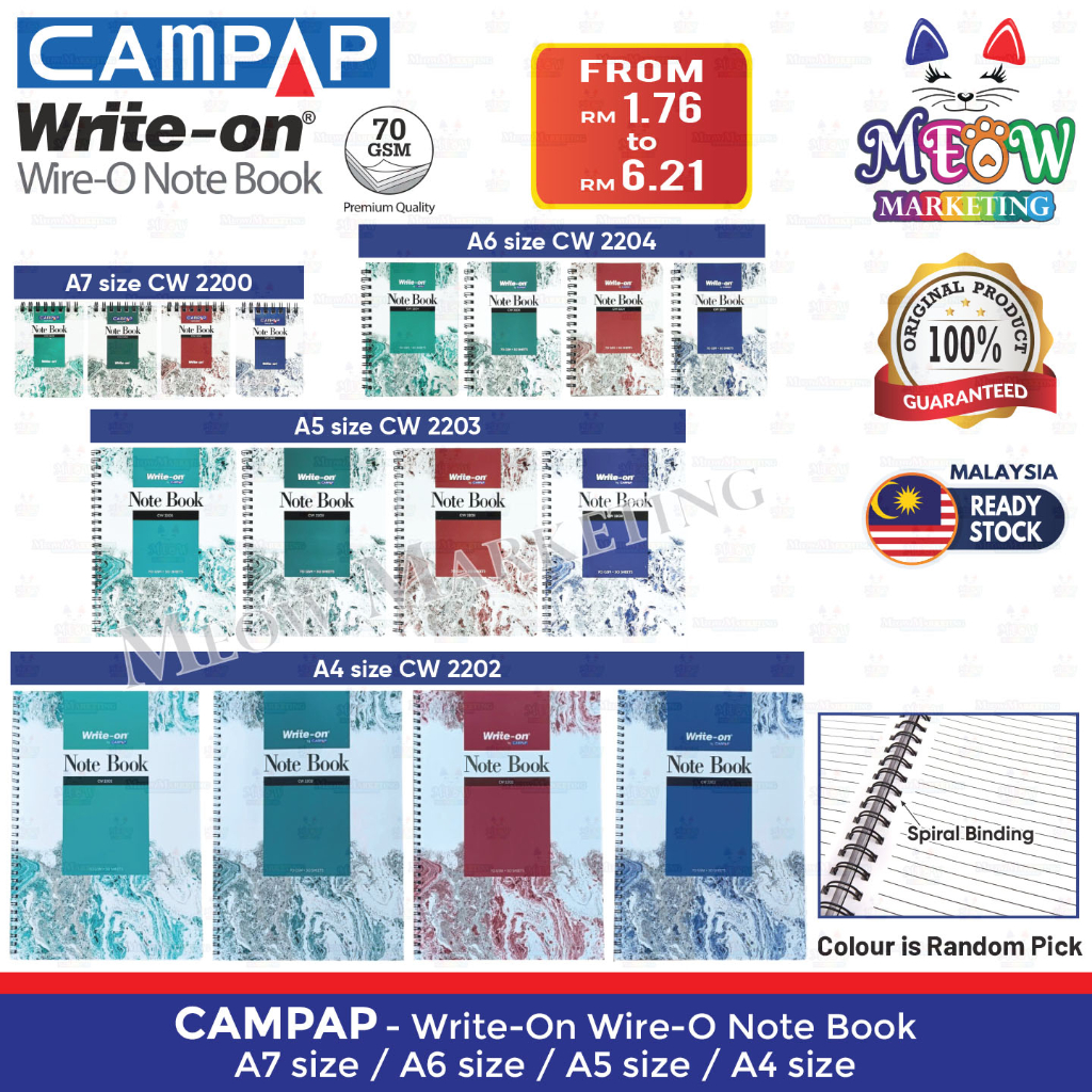 Campap Write On Spiral Wire O Note Book A7 / A6 / A5 / A4 (70gsm ...