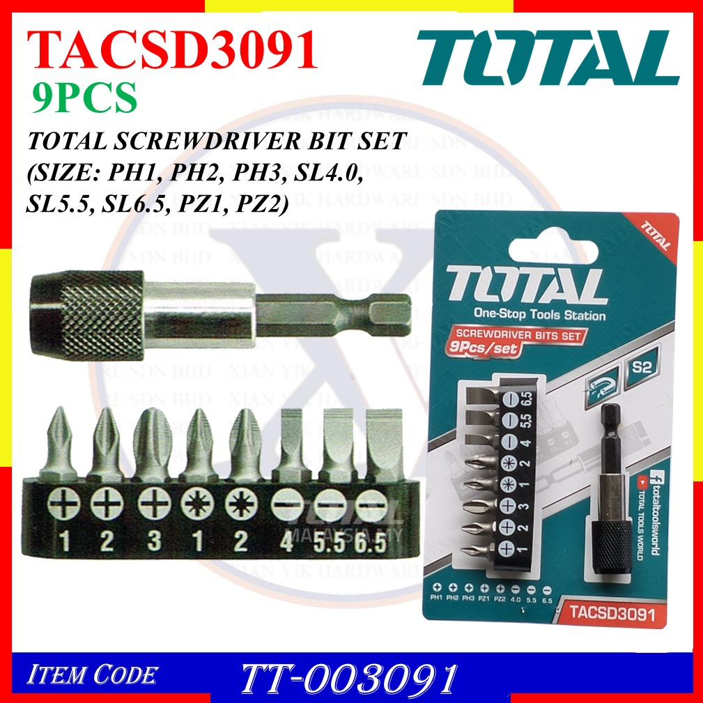 TACSD3091 TOTAL Screwdriver Bits Set Size PH1, PH2, PH3, SL4.0, SL5.5 ...