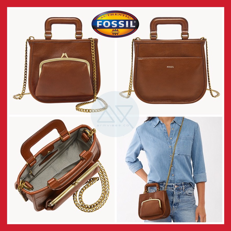 (Original) Fossil Chain Satchel Brown/Black | Leather Handbag | Beg ...