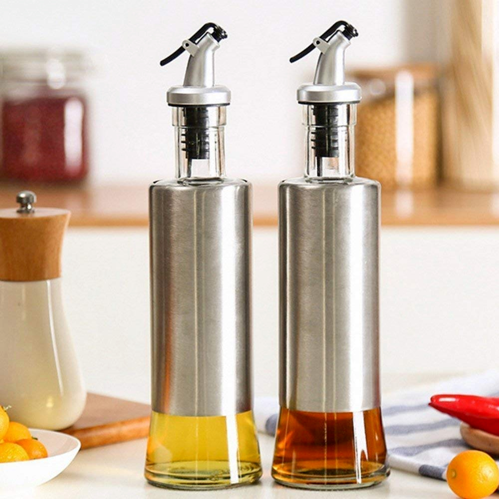 Oil dispenser Glass condiment bottle with 304 stainless steel layer oil bottle sauce dispenser