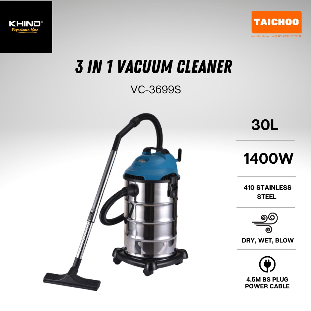 Khind 3 In 1 Vacuum Cleaner 30L 1400W (Wet, Dry & Blow) VC3699S