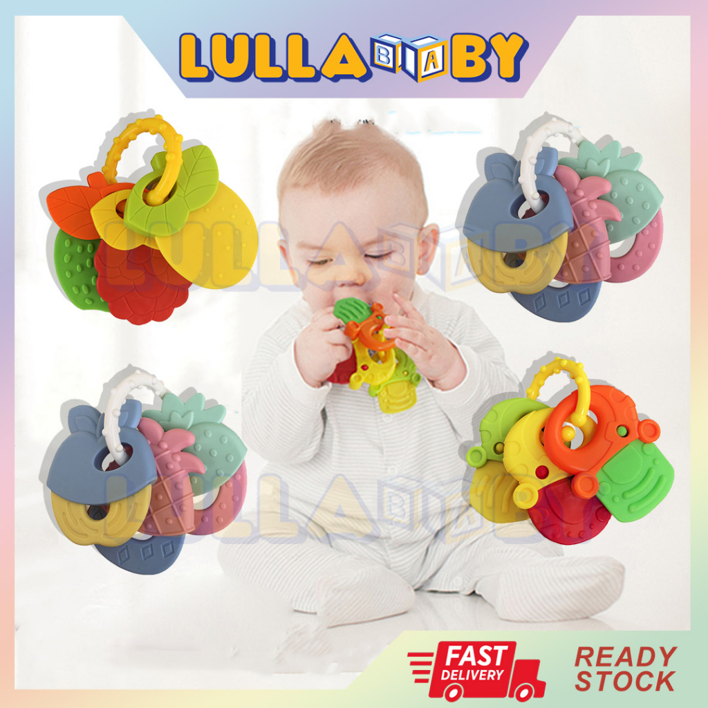 🔥READY STOCK🔥3pc Set Baby Silicone Teether Fruit Keychain Teether Baby Toys Early Learning