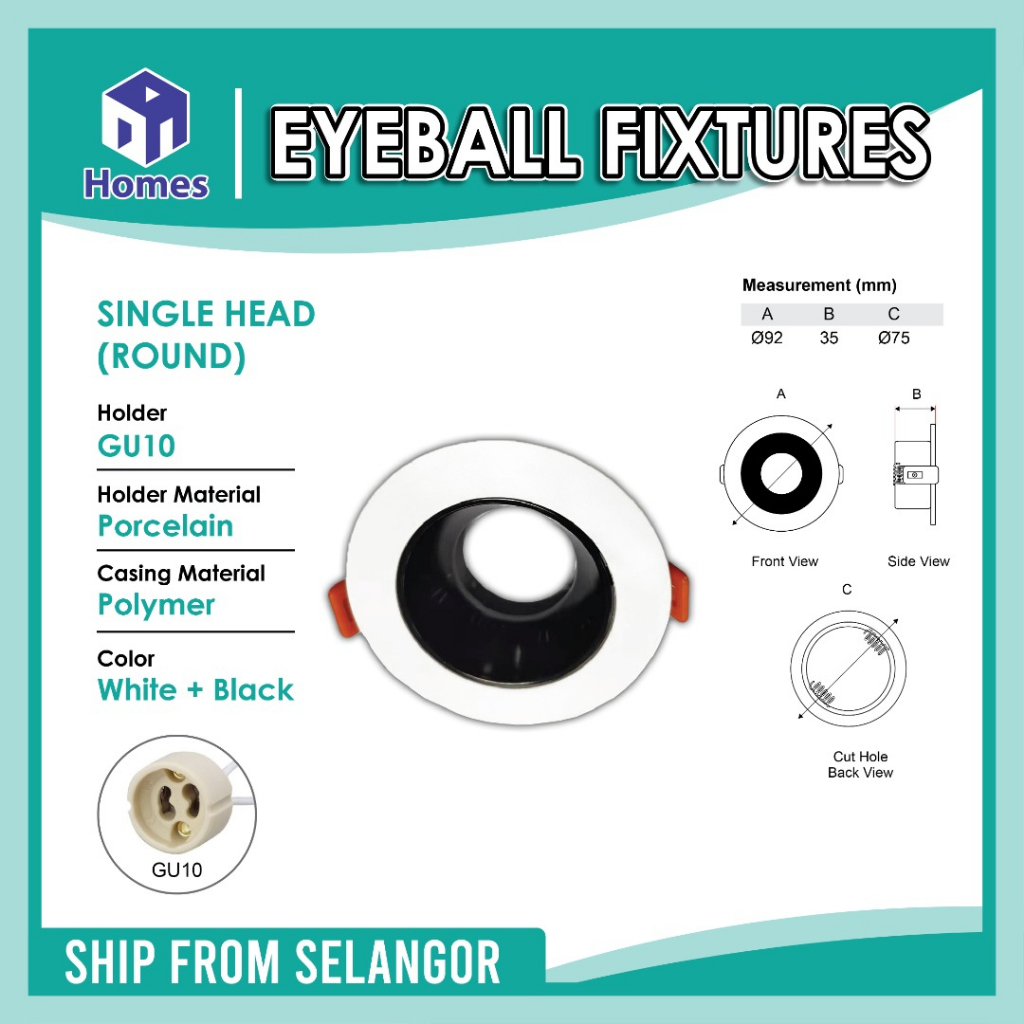 Anti-Glare Eyeball GU10 Eyeball Downlight Casing Round Adjustable Angle ...