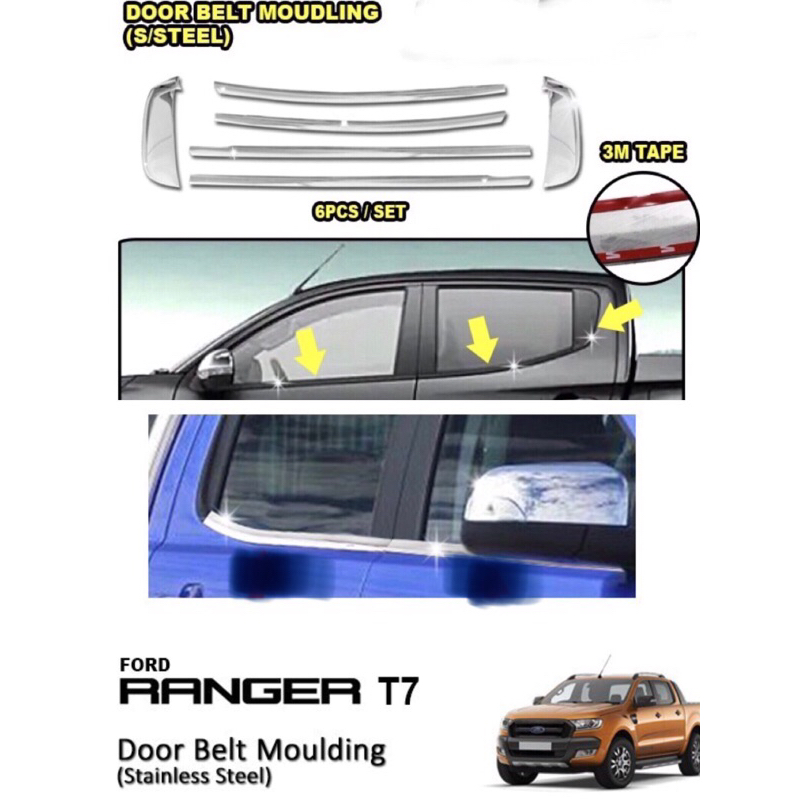 Ford Ranger T7 Door Belt Moulding stainless steel 3D 6pcs/set DOOR