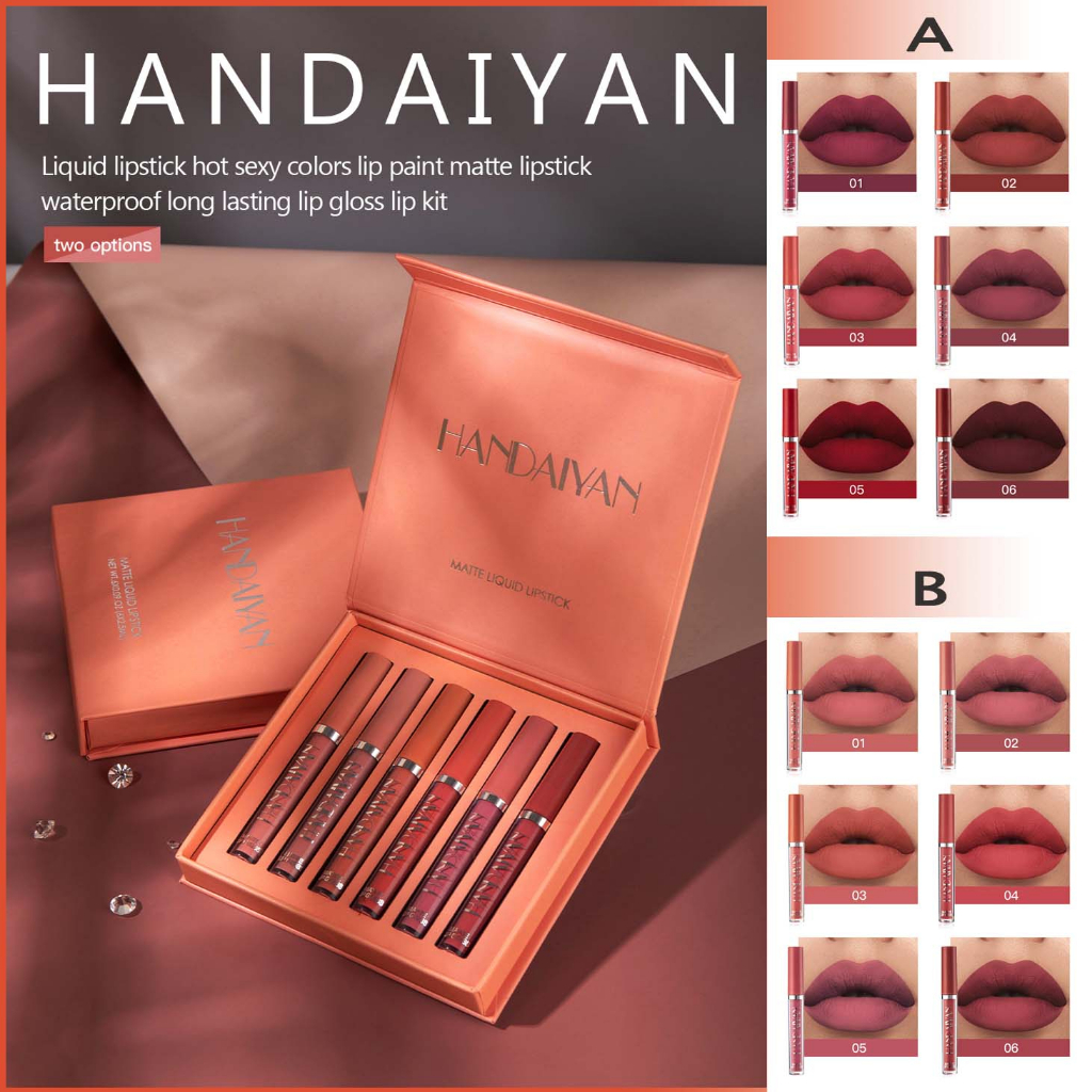 Msia Readystock Handaiyan 6 Color Set Lip Glaze Lip Gloss Waterproof Non Stick Cup Long