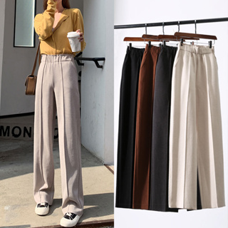 Ready Stock】Loose Casual Pants Korean Style Highwaist Straight Ice Silk  Pleated Wide-leg Pants Women summer Plain Long Pants