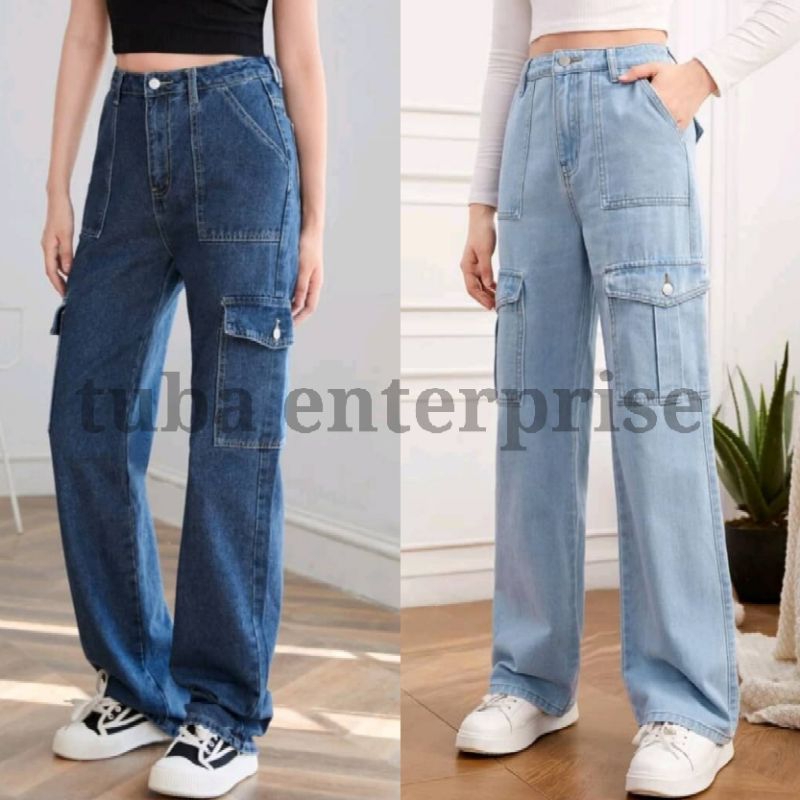 Ladies Jeans Cargo 6 Pocket palazzo High Waist Size26-36 (Ready Stock ...