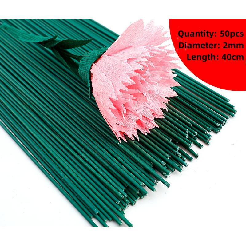 READY STOCK 100/50pcs 2mm 40cm Flower Stick Green Wire Rod Soap Flower ...