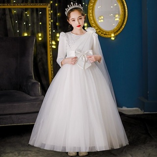 Flower Girl Dress for Weddings Fashion White Gauze Piano Performance  Dresses Kids Girls A-line Birthday Party Ball Gowns