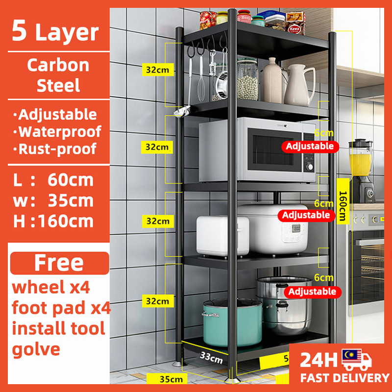 Kitchen Rack Adjustable Rack with Wheel Shelf Organizer 3/4/5 Tiers Rak