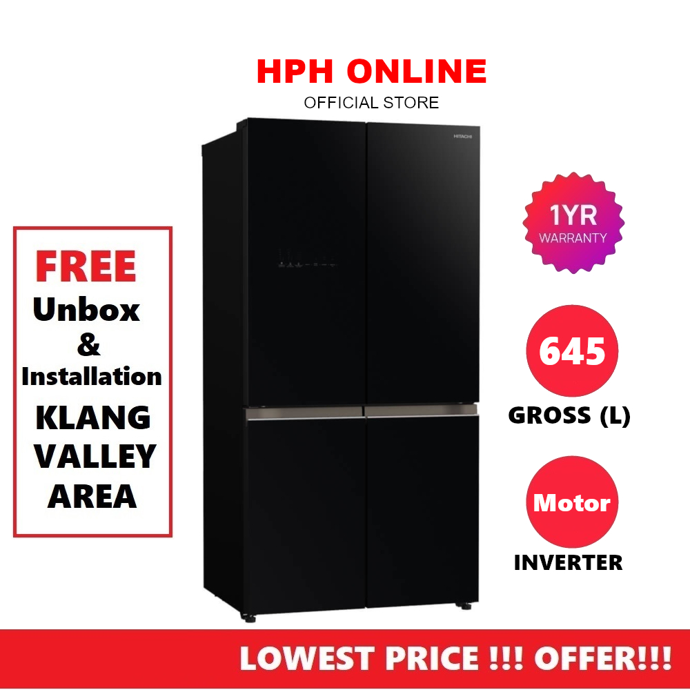 Hitachi 4 Door Black Glass Fridge Refrigerator (645L) RWB700VM2 Peti
