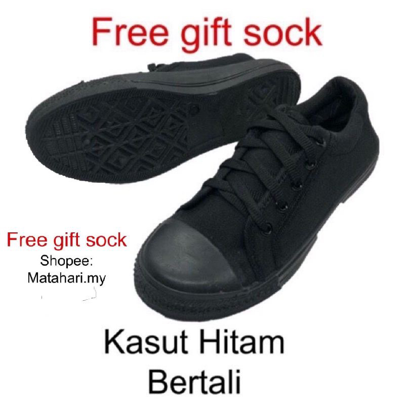 Kasut Sekolah Murah Hitam Bertali Black School Shoes Free Socks