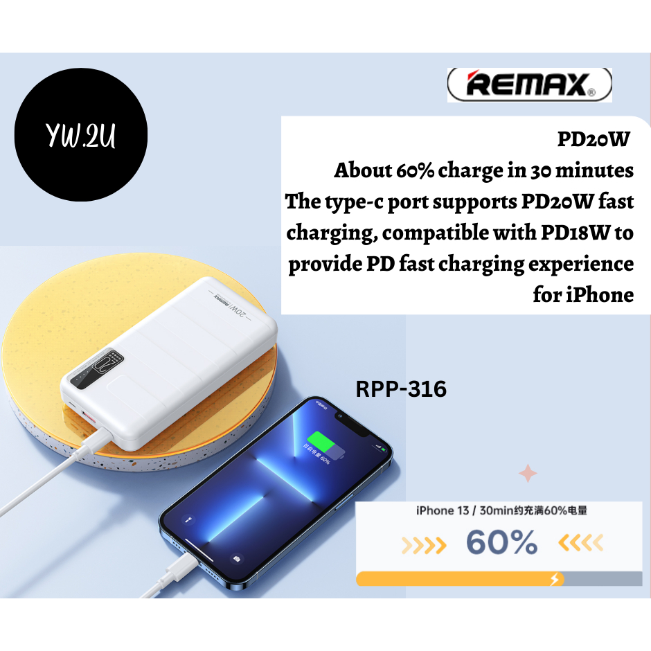 REMAX RPP-316 Noah Series 20W PD+ 22.5W QC 20000mAh Fast Charge Power ...