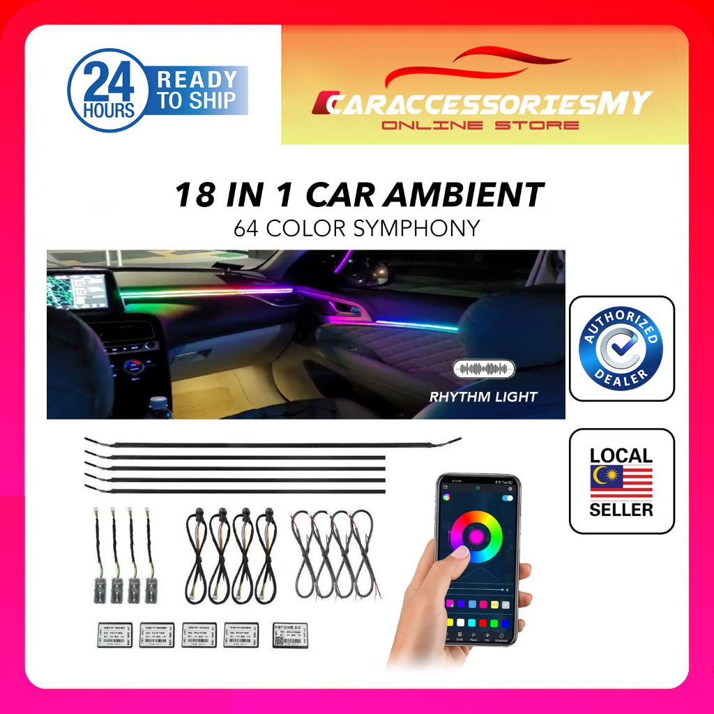 18 in 1 LED Car Ambient Light RGB 64 Color Acrylic Fiber Optic Guide Light  Strip For Car Interior Decoration Atmosphere Lamp APP