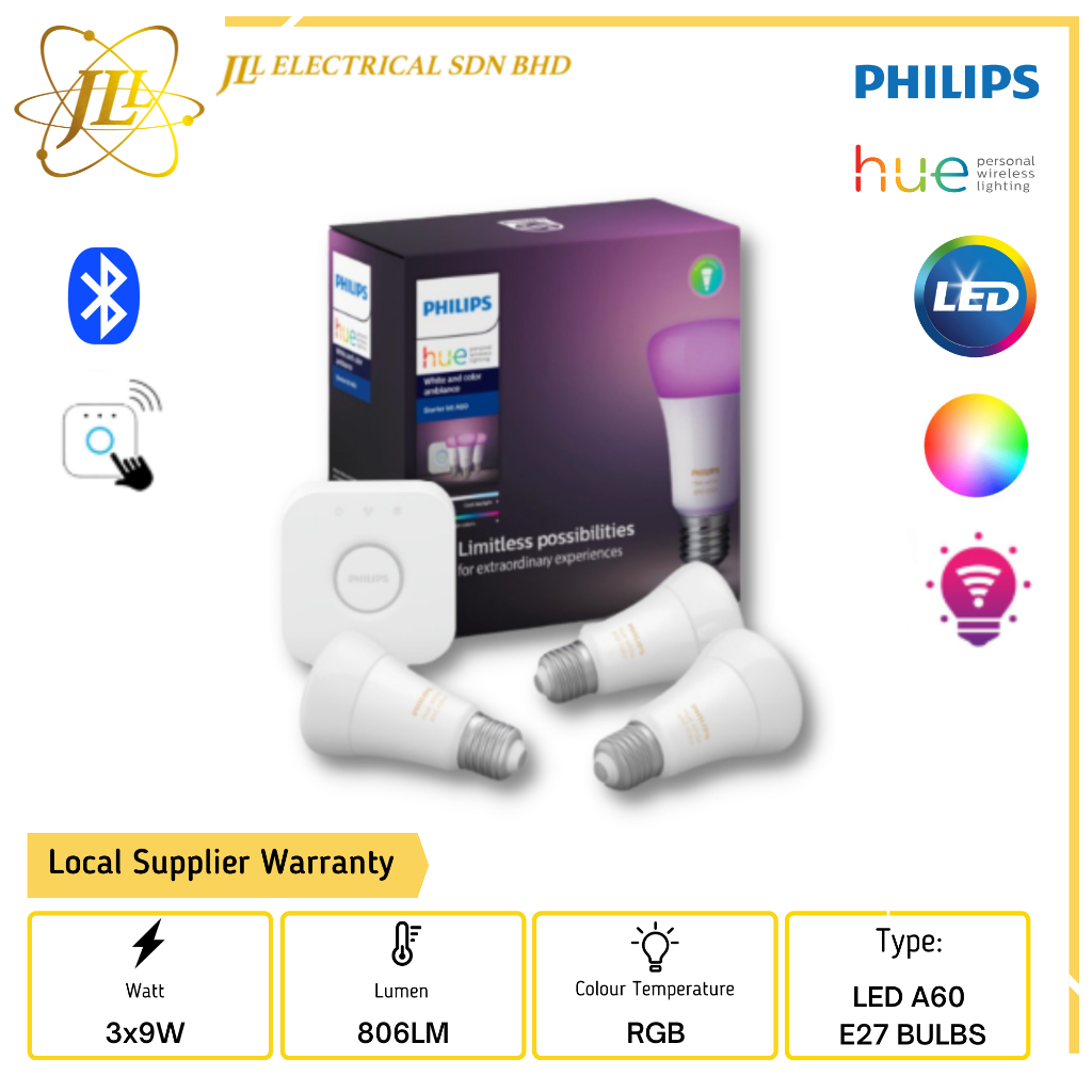 Philips Hue Starter Kit 3x E27-9W White and colored light + Hue bridge White