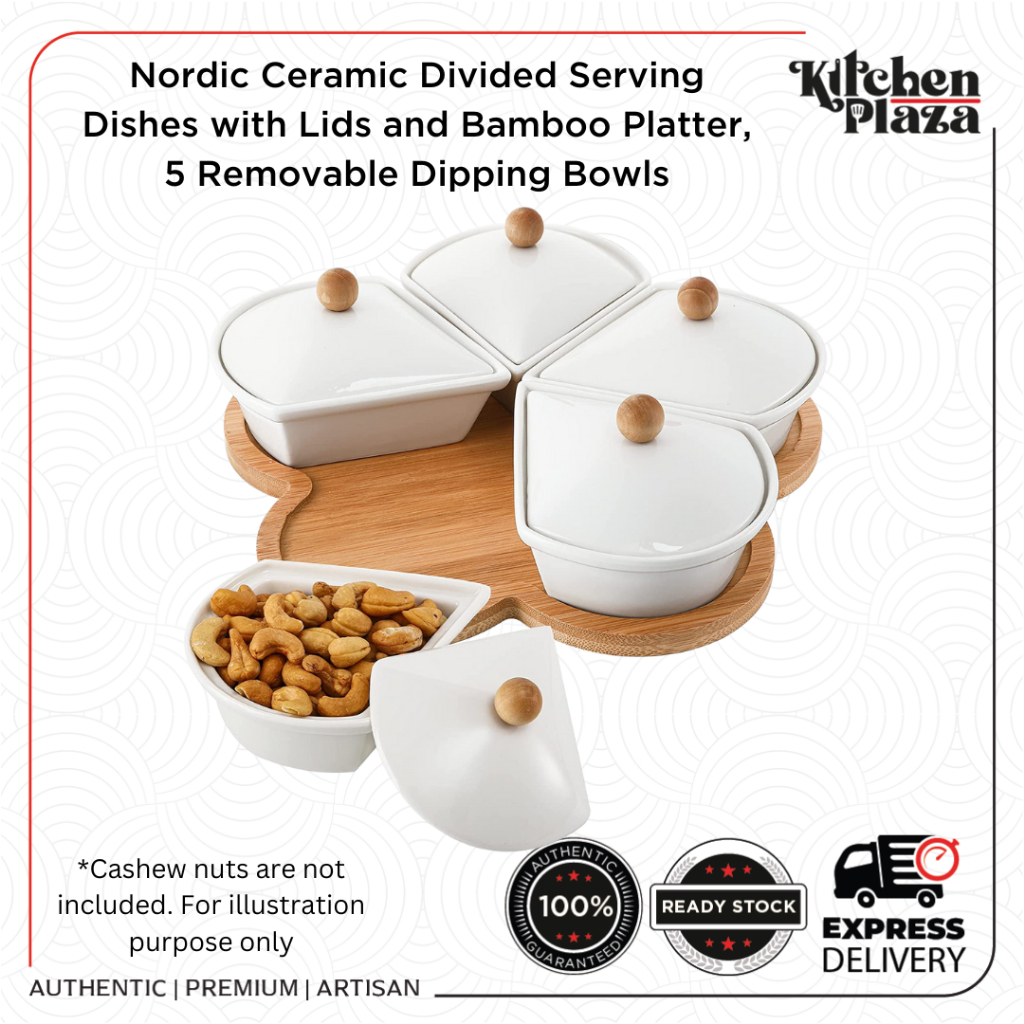 Nordic Ceramic Divided Serving Dishes with Lids and Bamboo Platter, 5