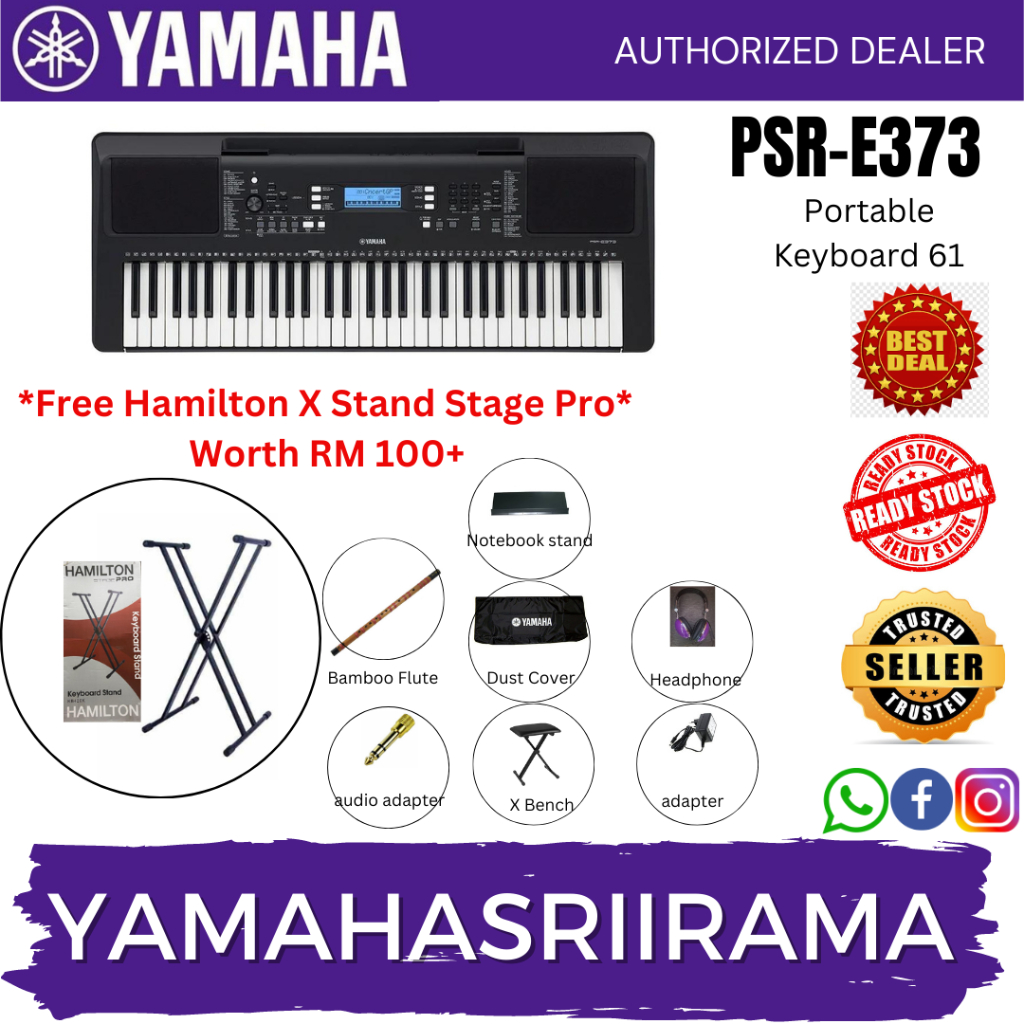 Yamaha PSRE373 Portable Keyboard 61 keys E373 (FREE Hamilton Keyboard