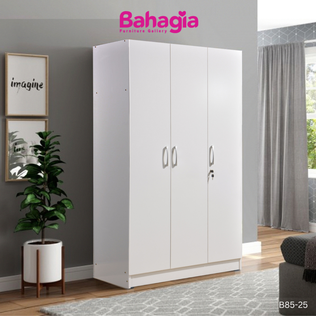 Free Install Bahagia White Wardrobe 3 Door Wardrobe with Lock door