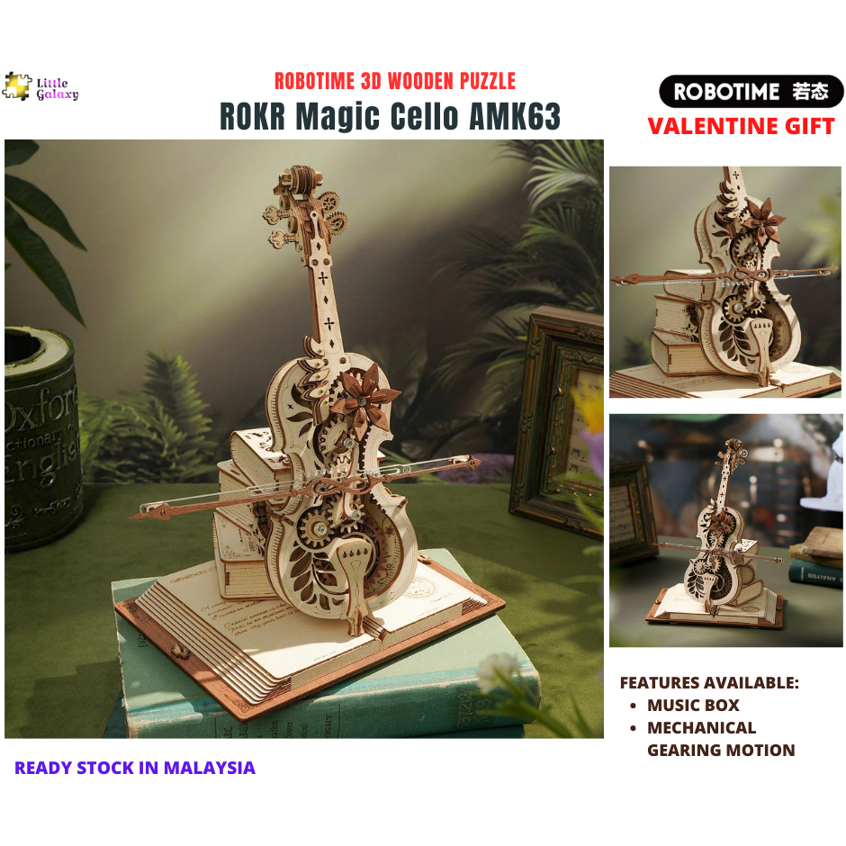 Ready Stock][Valentine Gift] Robotime 3D Wooden Puzzle ROKR Magic Cello  AMK63, Mechanical Music Box, 199PCS