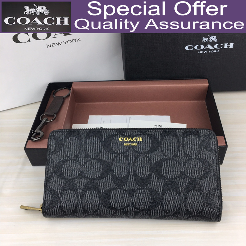 Coach Men's Long Wallet Black Embossed Signature Leather Zipper Wallet ...