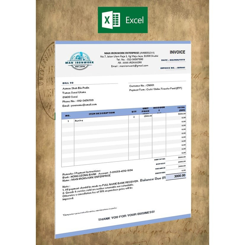 Invois syarikat company invoice template auto calculation in excel