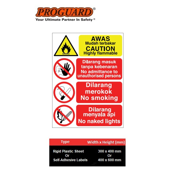 Awas Caution Highly Flammable Multi Message Indoor Outdoor Safety Sign ...