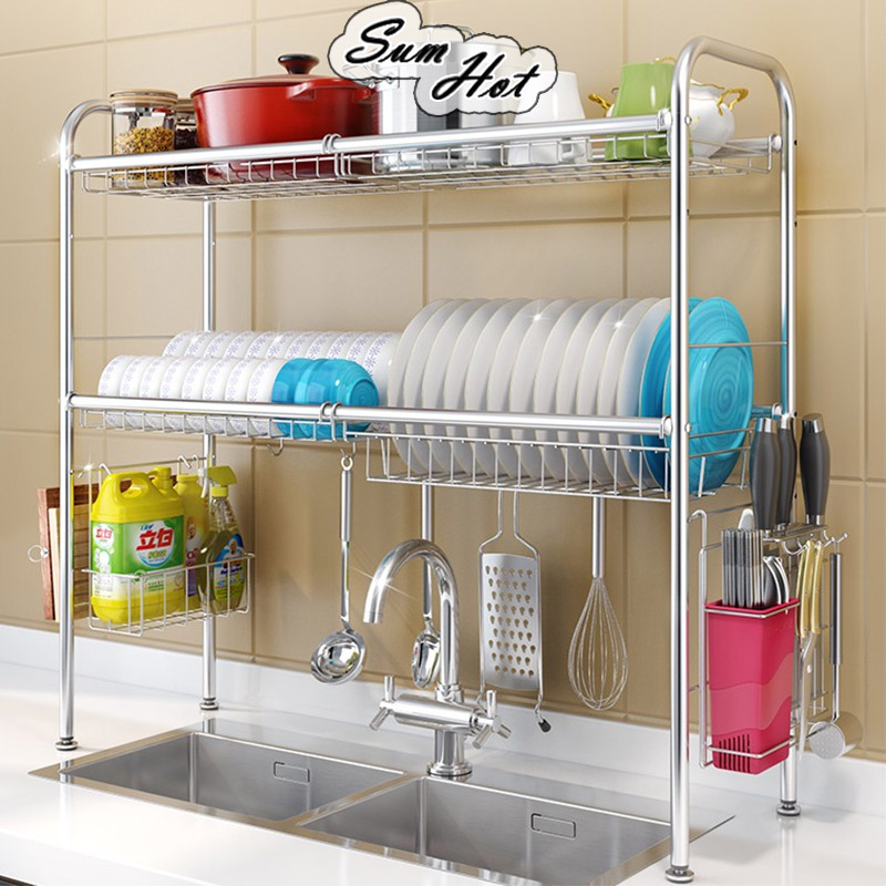 2 Layer Stainless Steel Dish Rack Kitchen Sink Rack Drainers Rak ...