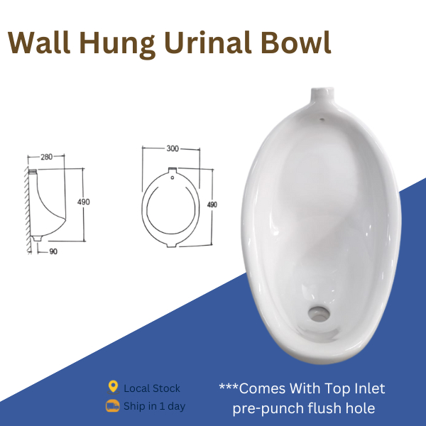 ASHER 300MM Wall Hung White Urinal Bowl come with Top Inlet prepunch flush hole For Bathroom