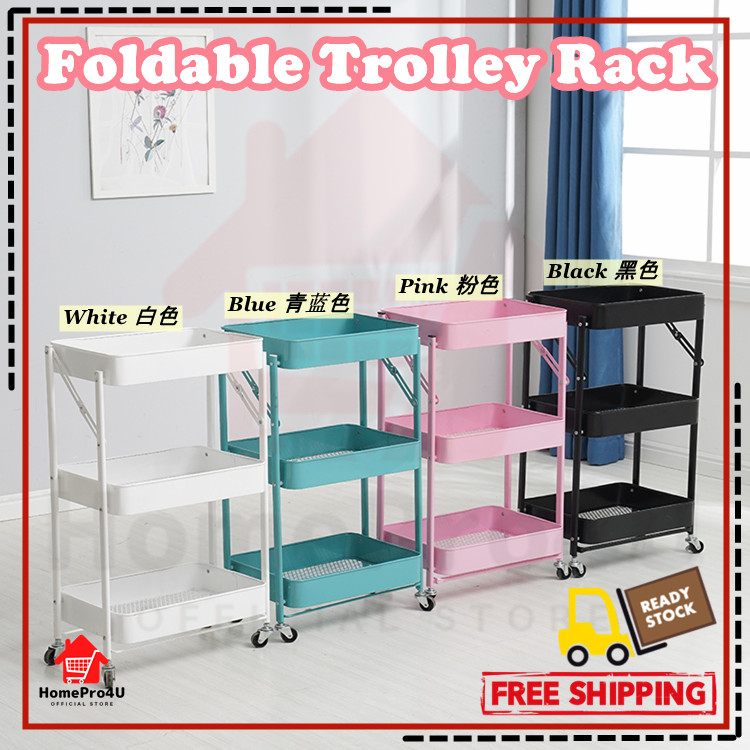 3 Tier Foldable Trolley Rack Metal Trolley Storage Rack Trolley 3 ...