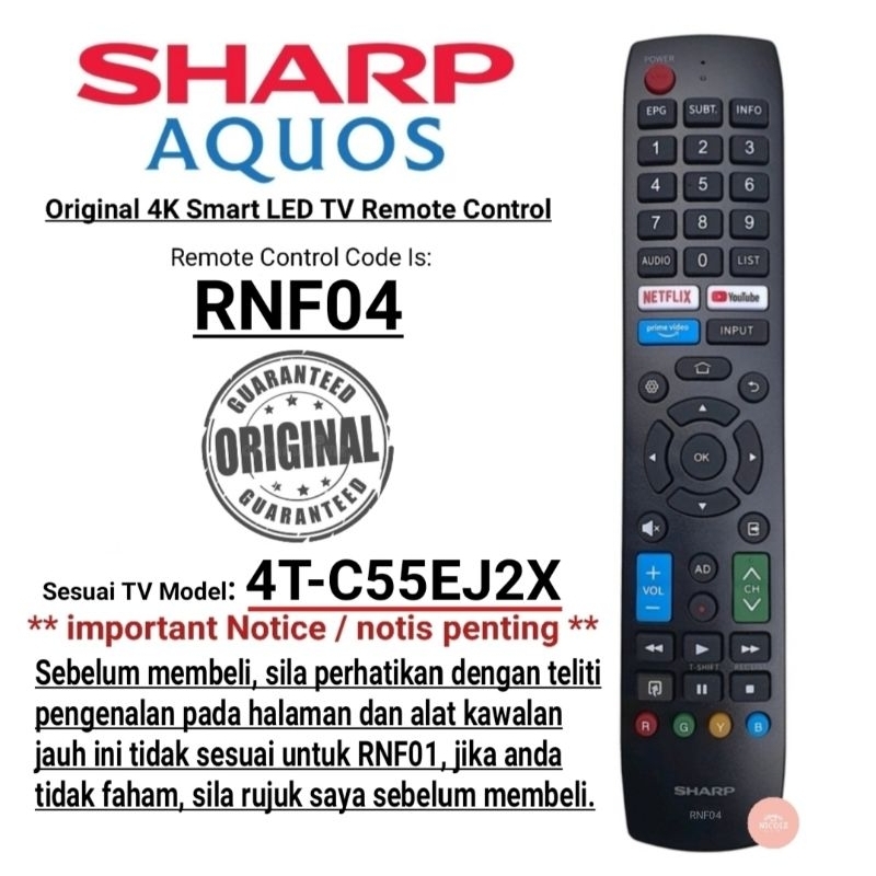 Original Sharp RNF04 Smart LED TV Remote Control Suitable 4T-C55EJ2X ...