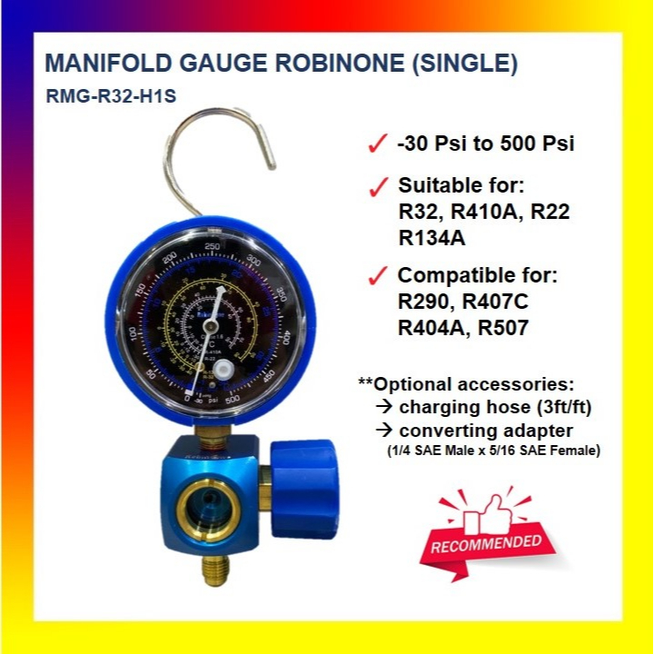 MANIFOLD GAUGE ROBINONE SINGLE RMG-R32-H1S HAND VALVE R32 R410A R22 ...