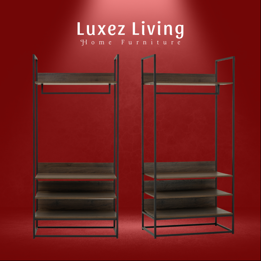 LUXEZ Capri open shelf wardrobe in Matt Black Epoxy colour leg, Walnut